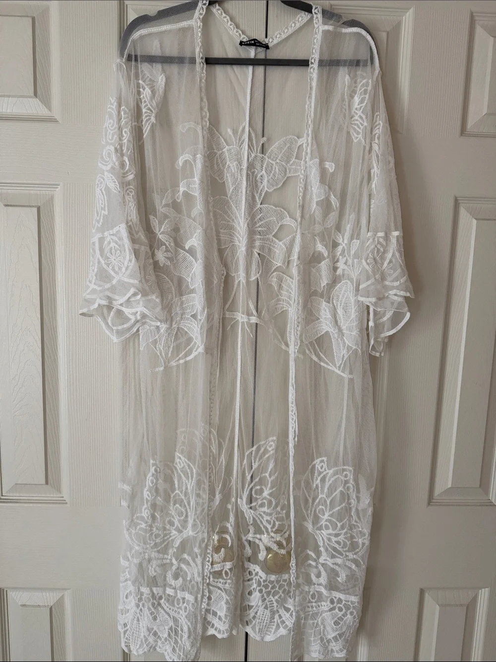 SHEIN White Sheer Embroidered Lace Kimono coverup